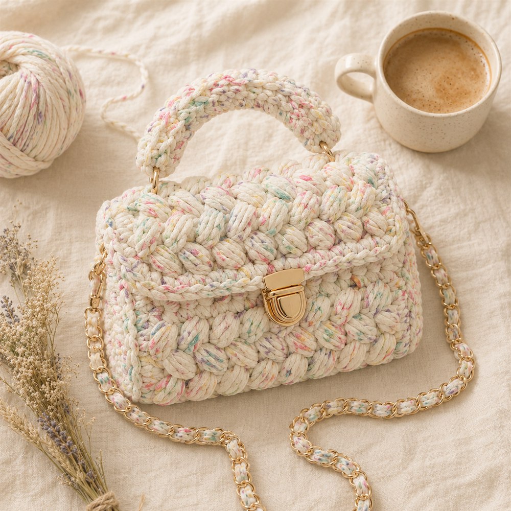 crochet bag flat-lay with yarn and coffee