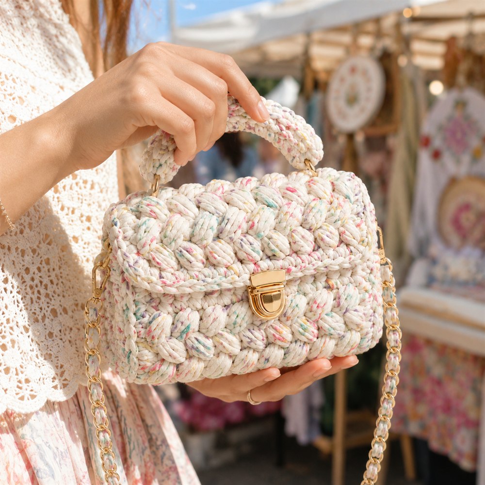 holding the crochet bag at a market